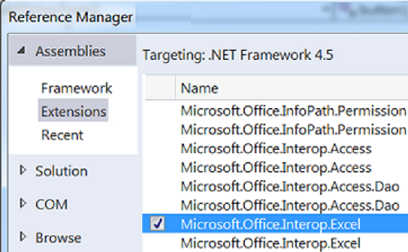 Reference Manager - Assemblies - Extensions - Microsoft.Office.Interop.Excel